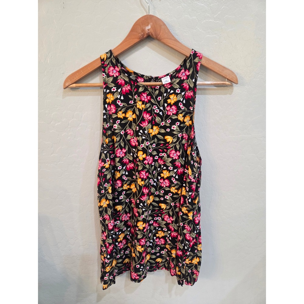 Old Navy Womens Black Floral Sleeveless Rayon Tank Top Size M High Neck Keyhole